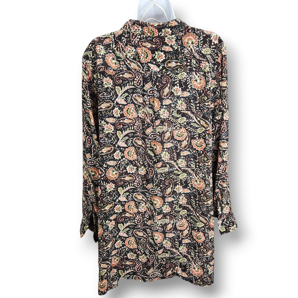 J Jill Buttoned Tunic Blouse Large Petite Black Pink Floral Filigree Lightweight - Picture 7 of 10